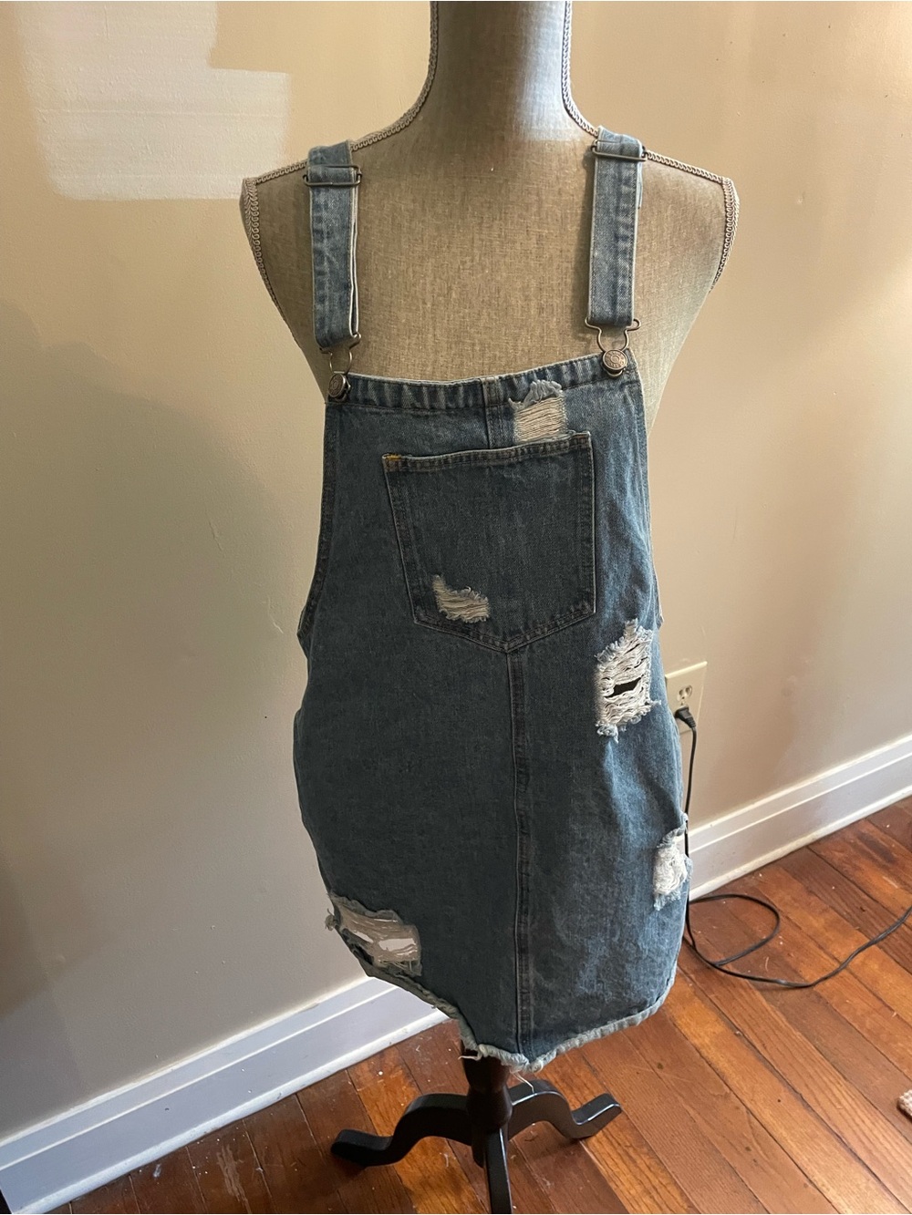 Cello Distressed Denim Overall Dress Medium Blue Jean Pinafore Jumper